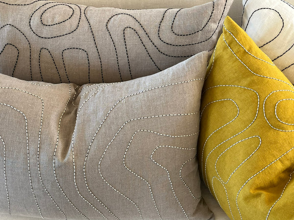 CONTOUR CUSHION Mustard Yellow with ecru embroidery