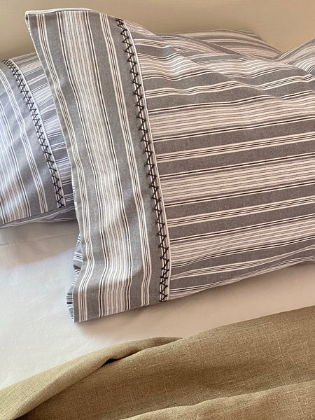 PILLOWCASE SET Multi Grey and white stripe with herringbone embroidery stitch