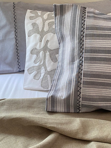 PILLOWCASE SET Grey and white stripe with herringbone embroidery stitch